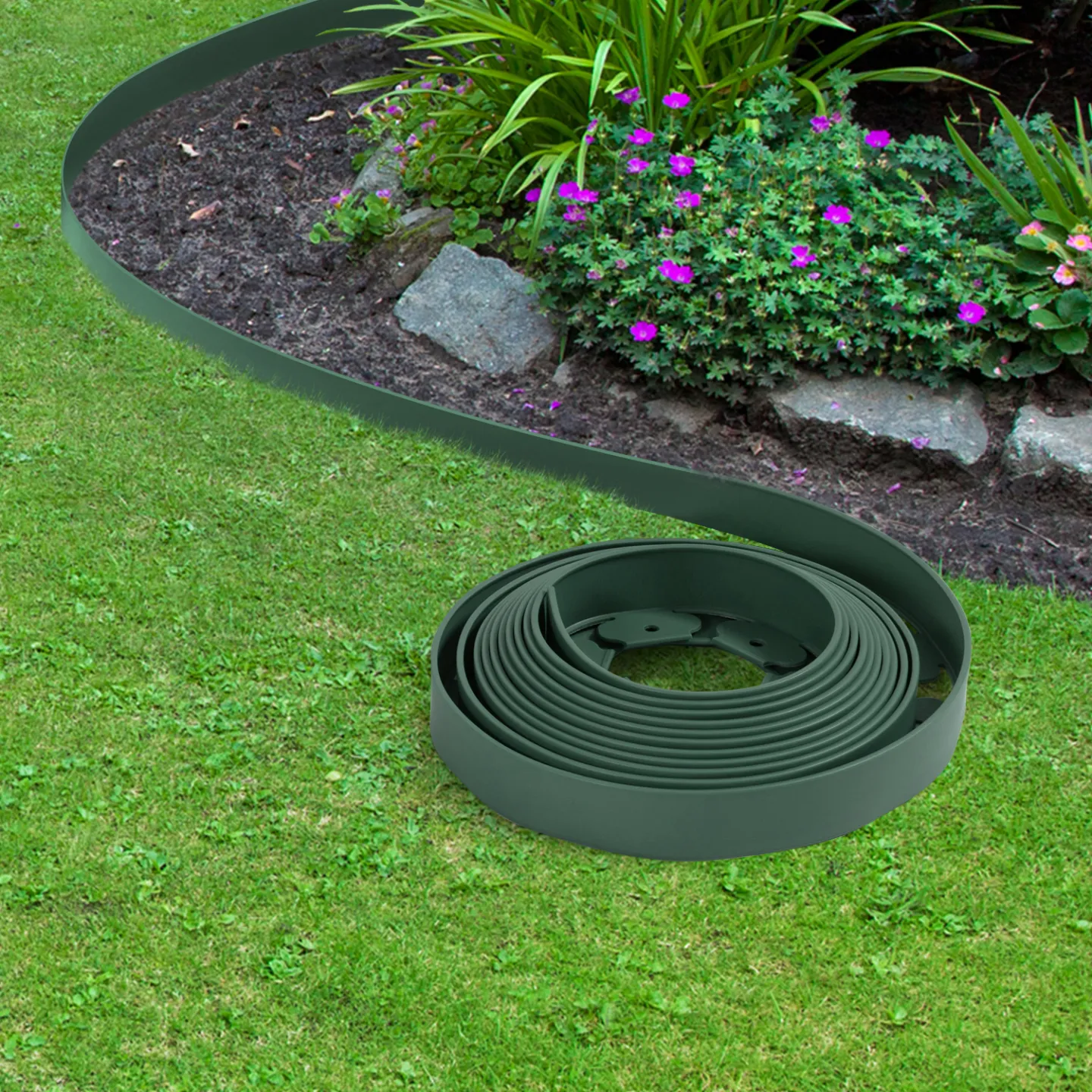 Bordurette de jardin flexible 10 M verte hauteur 5 CM + 30 piquets