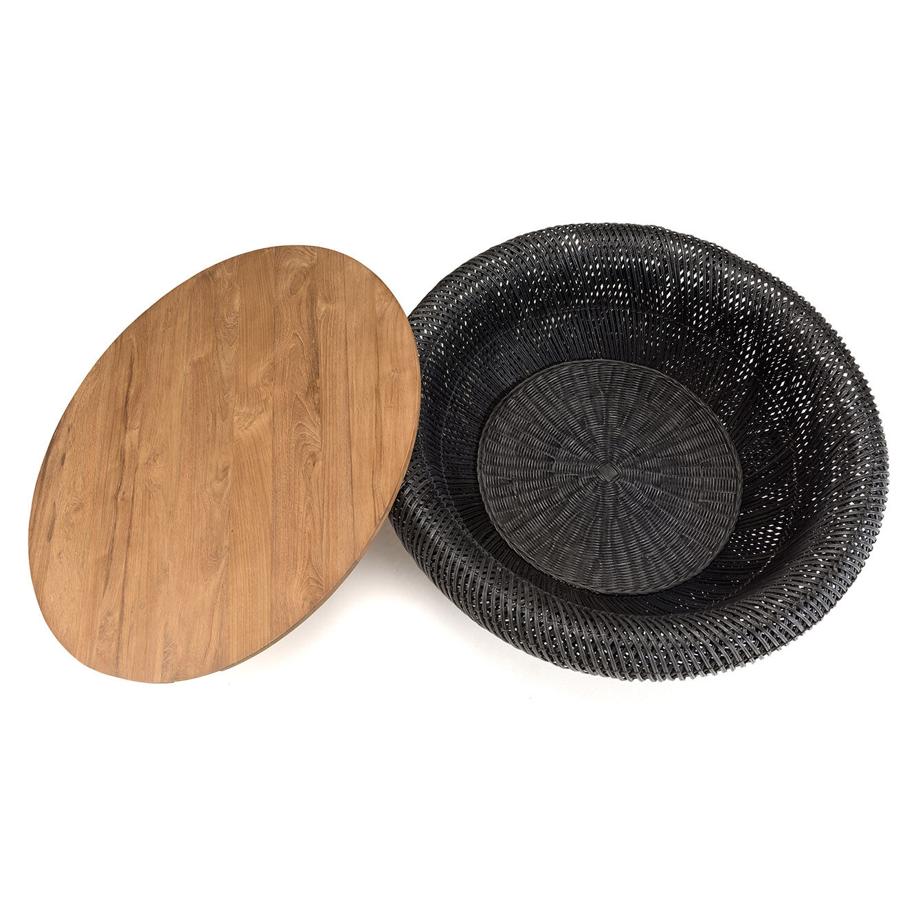 Macabane Table basse ronde en rotin noir plateau amovible Sixtine bois/noir - D.80x32 cm