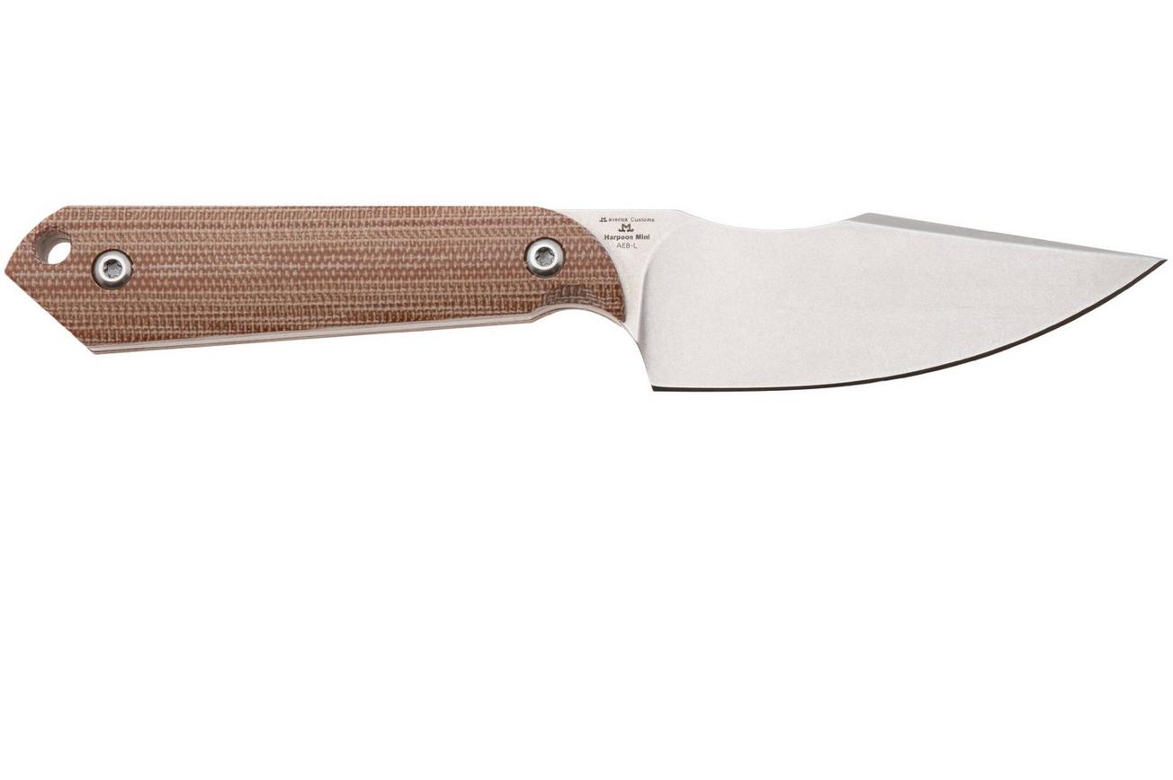 Kizer Harpoon Mini 1040S7, Satin AEB-L, Brown Micarta, vaststaand mes, Maverick Customs design