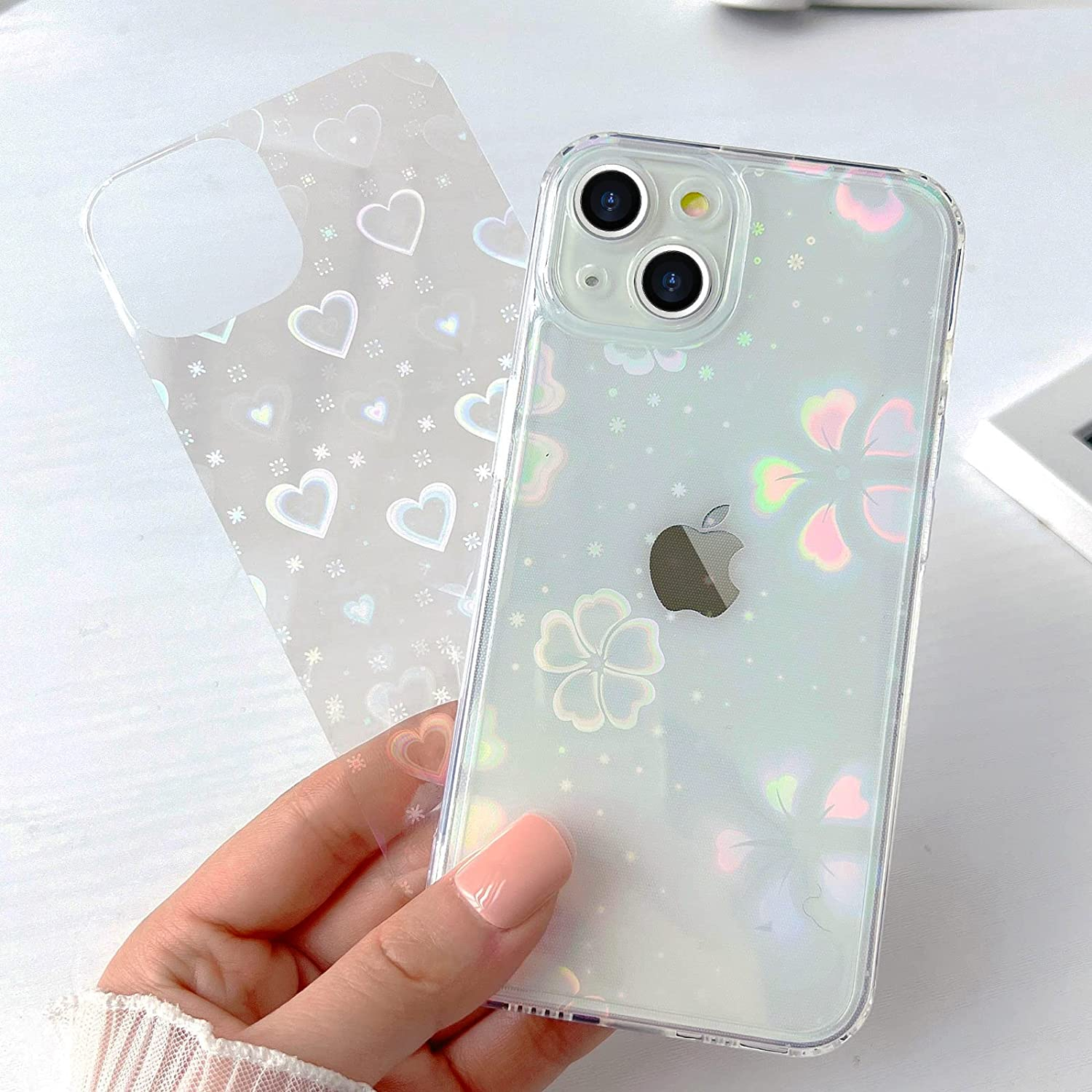 iPhone 13 Hybrid Hülle TPU Bumper   Laser Hologramm Glitzer Herze - Transparent