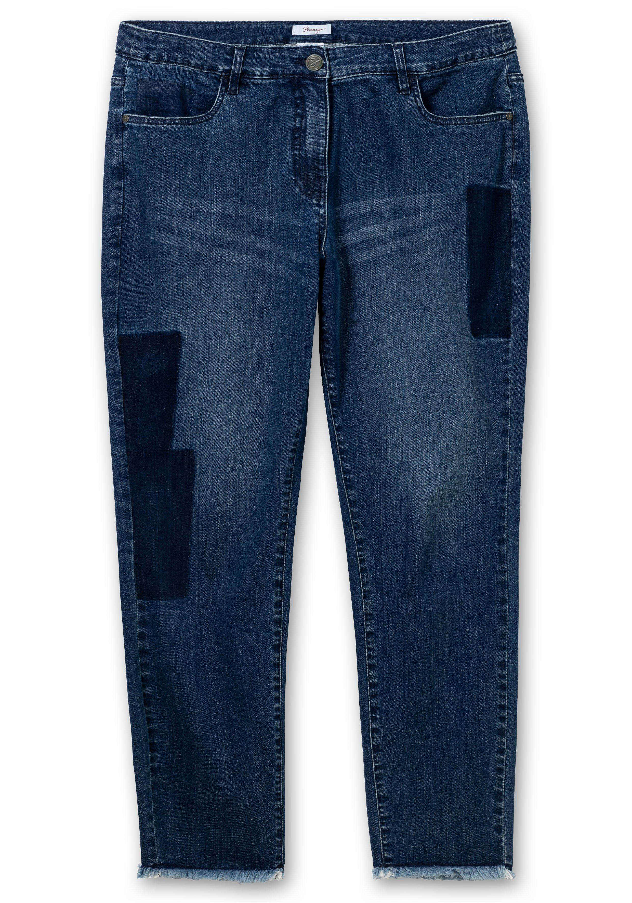 Skinny Jeans in Patch-Optik, mit offenem Saum