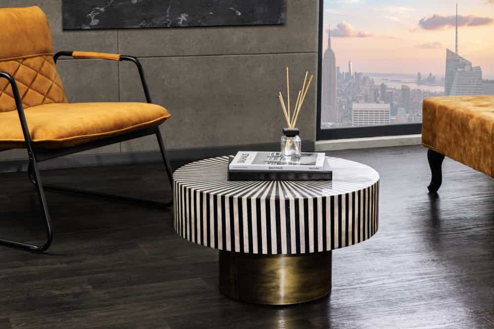 Bone Inlay Couchtisch HARMONY NATURE 60cm rund schwarz weiß gold Intarsien Kunsthandwerk
