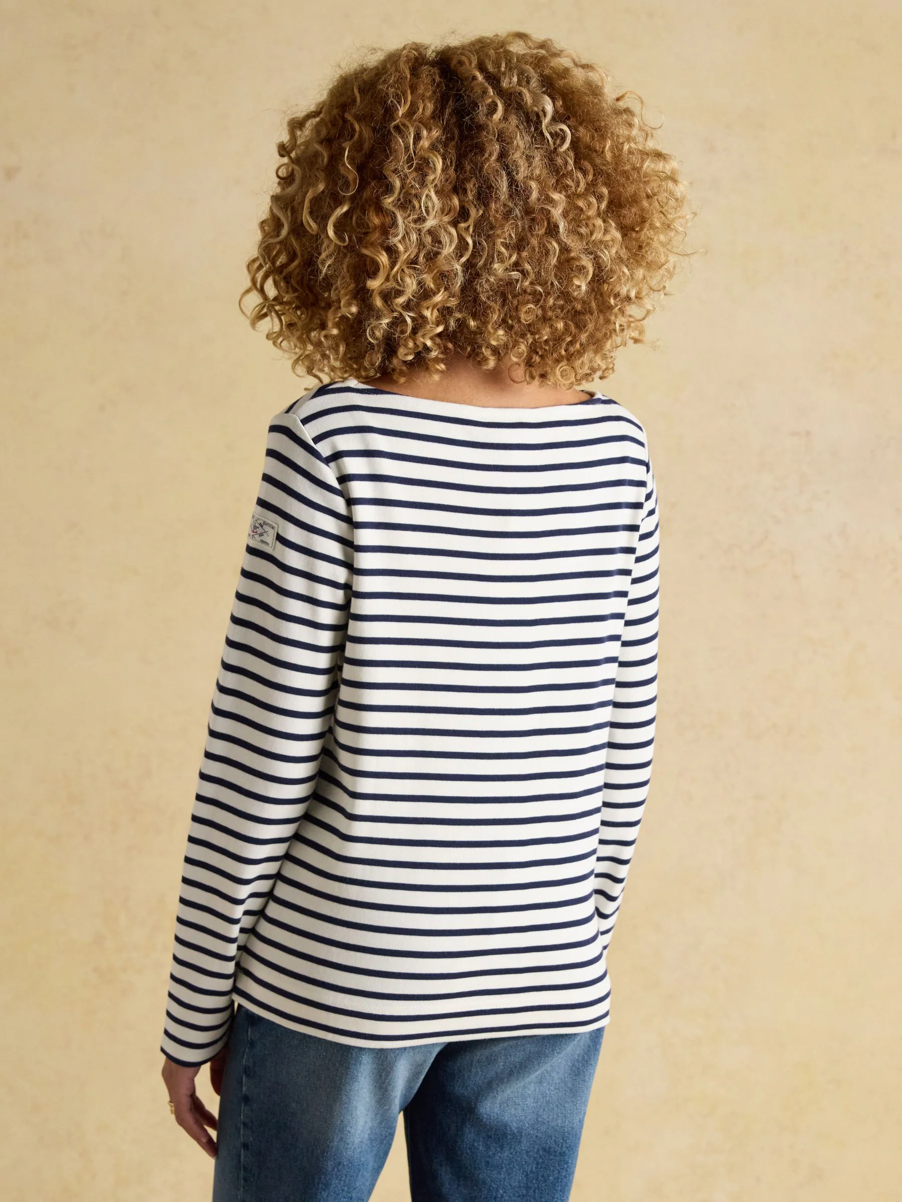 Crème en marineblauw - Joules Harbour Boat Neck Long Sleeve Breton Stripe Top