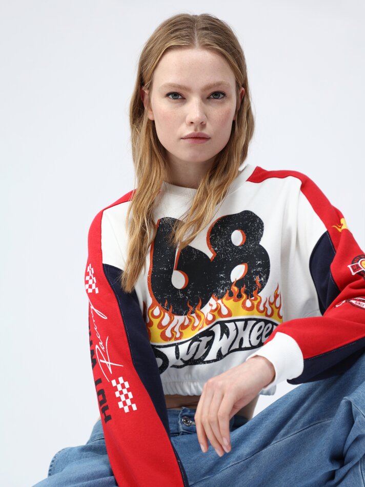 Moletom cropped Hot Wheels da Mattel - Vermelho/Azul Marinho