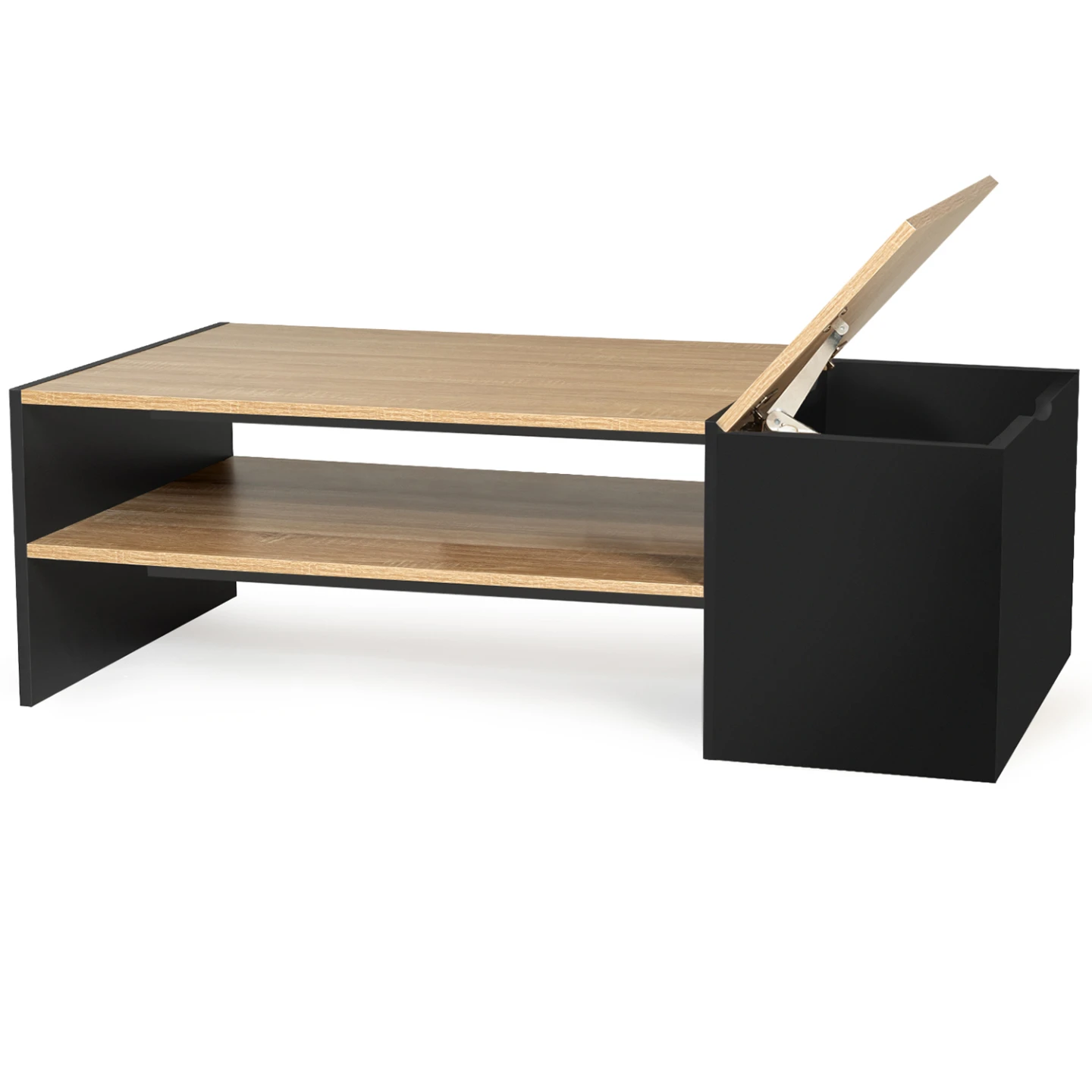 Table basse bar contemporaine rectangulaire IZIA avec coffre noir et plateaux bois