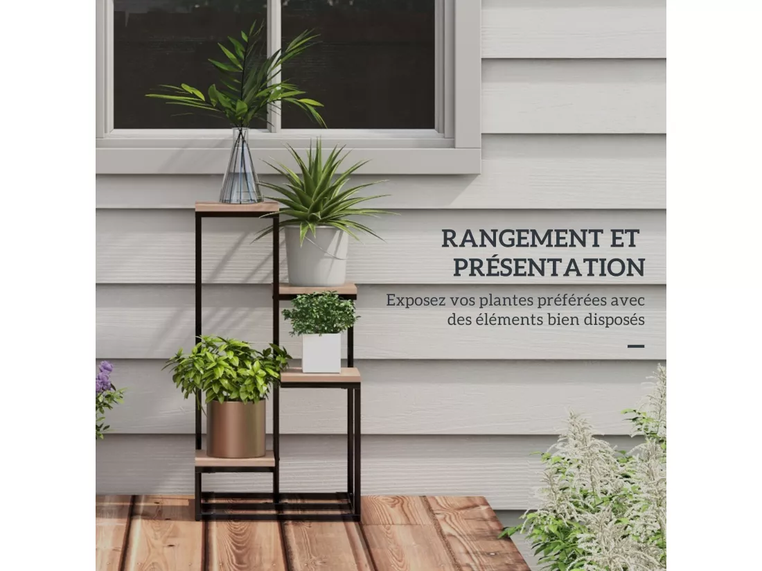 Porte-plantes style industriel 4 étagères - dim. 40L x 40l x 75H cm - acier noir bois sapin verni