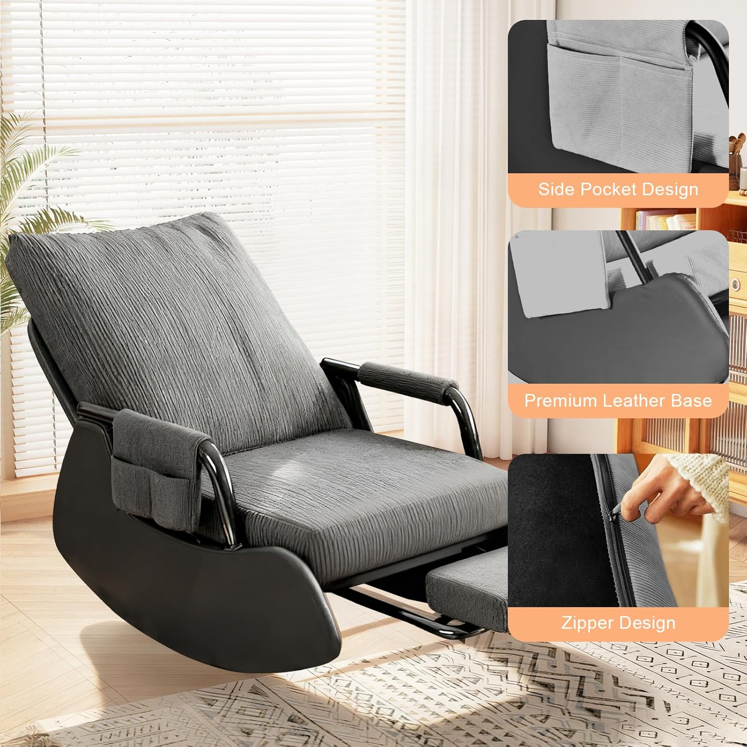 Schaukelsessel mit Hocker, Schaukelstuhl mit fußstütze Wohnzimmer, 3-Fach Verstellbare Rückenlehne, Stillsessel Lesesessel Relaxstuhl mit Seitentaschen & PU fürs Schlafzimmer Balkon (Grey)