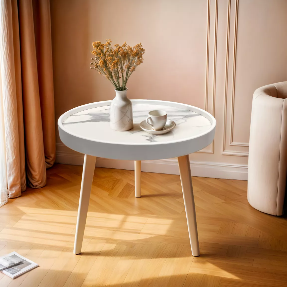 Table basse ronde effet marbre (H43 cm) Déa Blanc