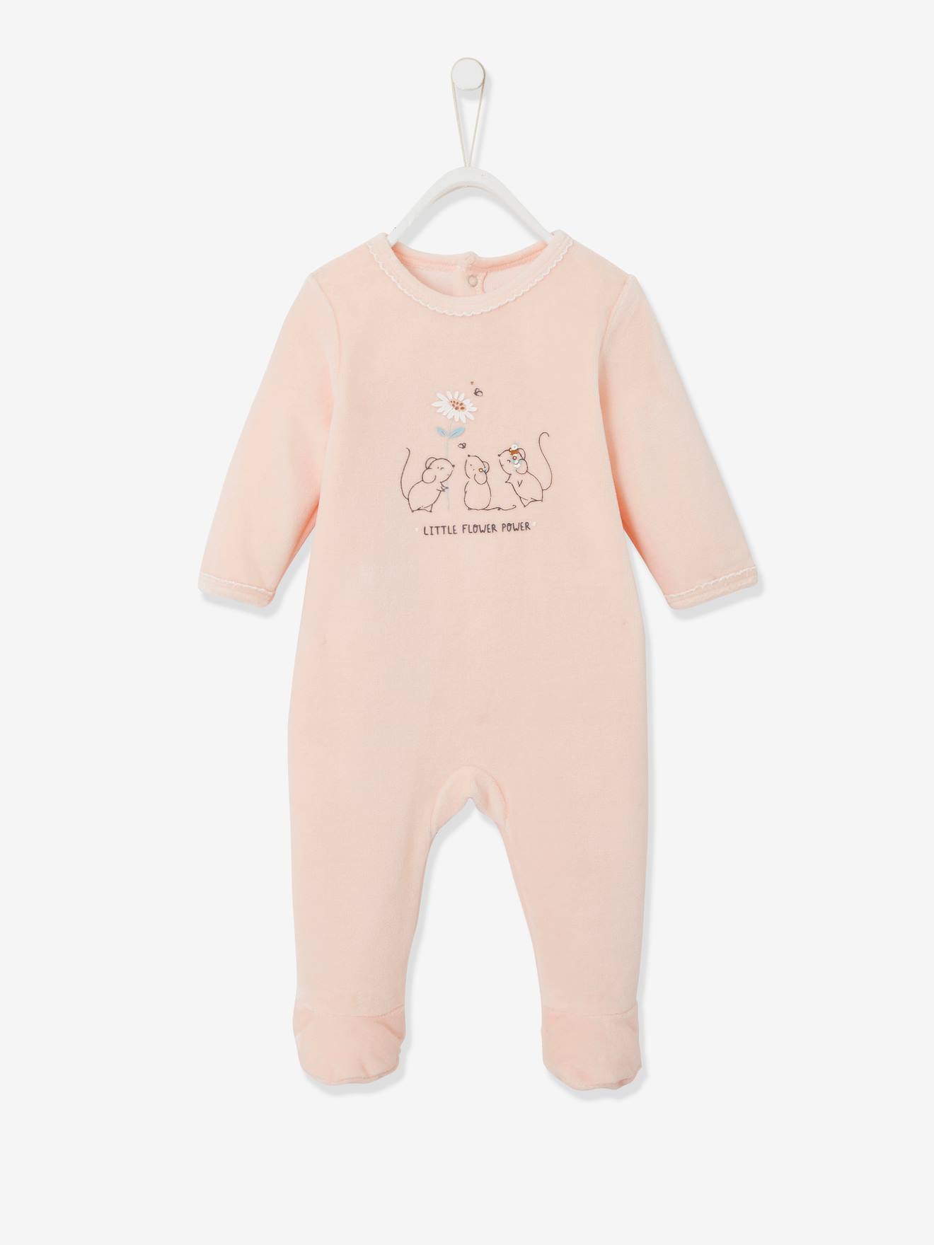 Macacão de veludo para bebê, rosa claro liso com estampas.