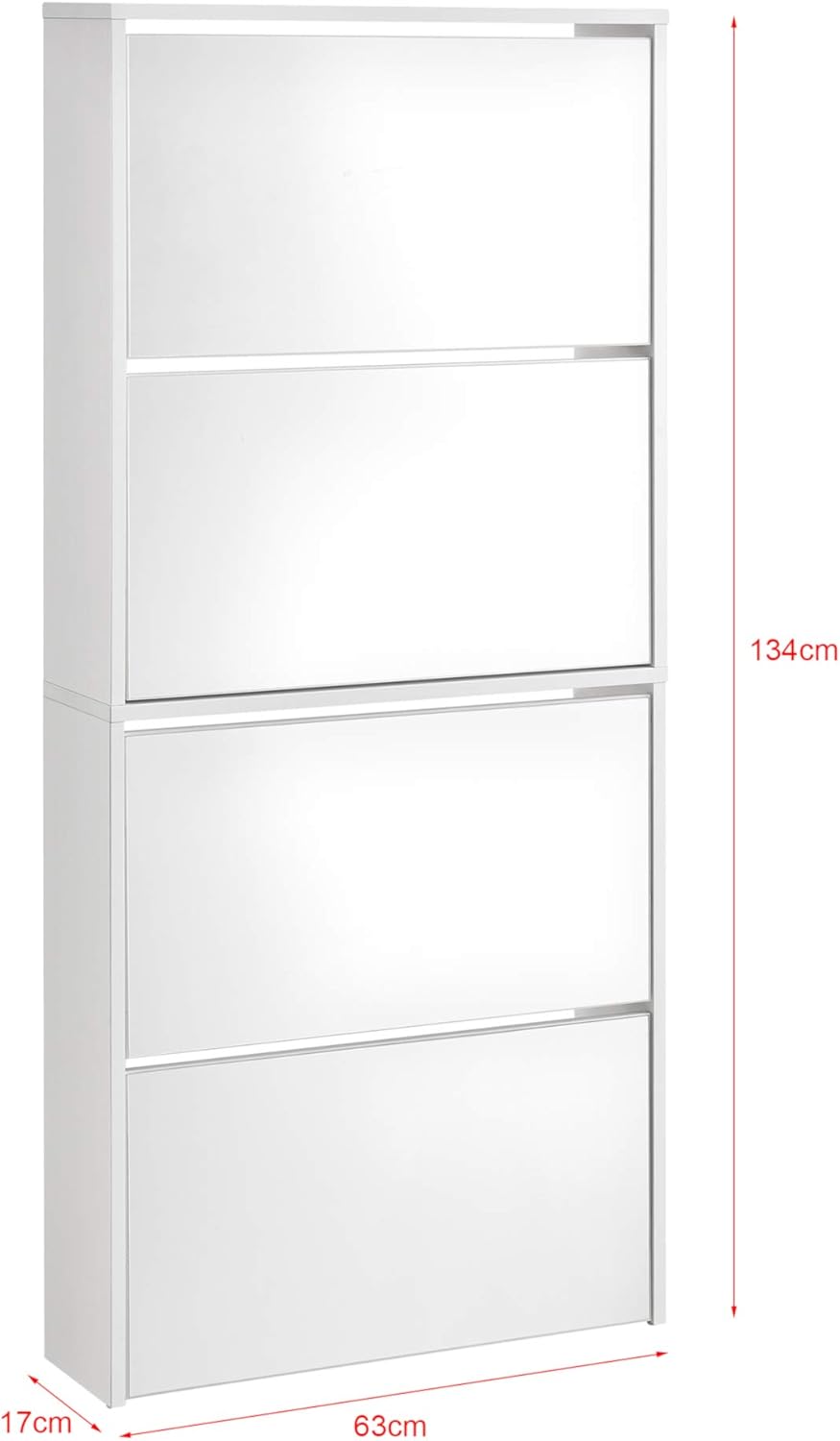 [en.casa] Schuhkipper Vogar Schuhschrank mit 4 Klappen verspiegelt Schuhkommode für 12 Paar Schuhe 134 x 63 x 17 cm Schuhaufbewahrung Weiß