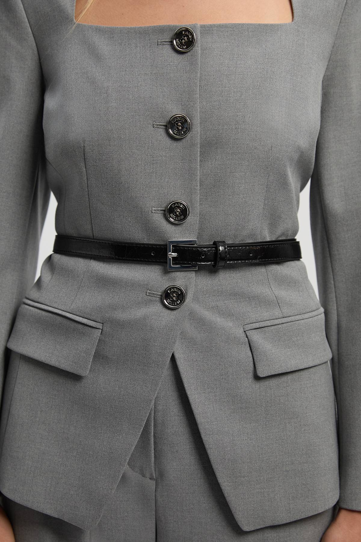 KarenMillen Blazer Petite Tailleur Chiné à Ceinture et Col Carré