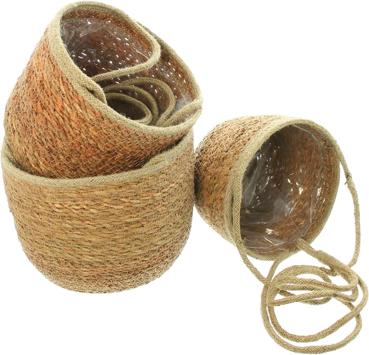 Dekoleisschaft 3x Terra plantenhanger van zeegras, bruin, bloemenhanger, hangpot