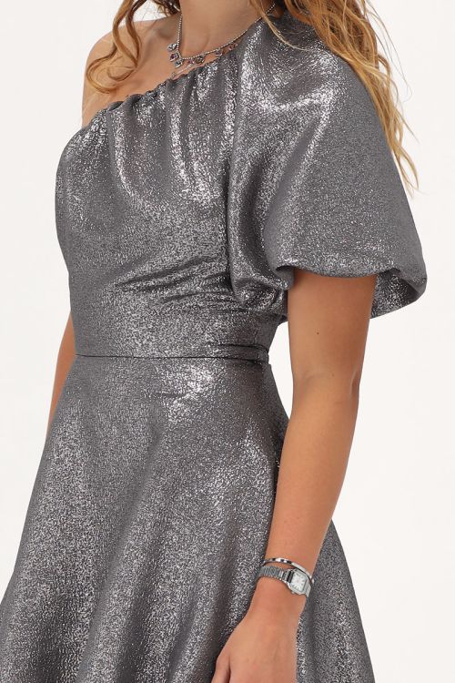 Grijze one-shoulder jurk met lurex & ballonmouwen