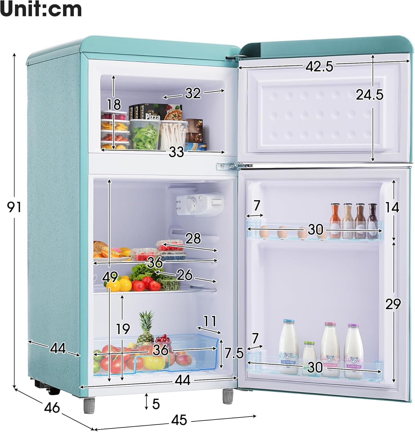 Merax Kühlschrank mit Gefrierfach, Kühl-Gefrierkombination, 72 Liter Doppeltür-Kühlschrank mit 21L Gefrierschrank, 39dB, LED, Glasablagen, Gemüsefach, Türablagen, für Küche, Wohnzimmer, Büro, Cyan