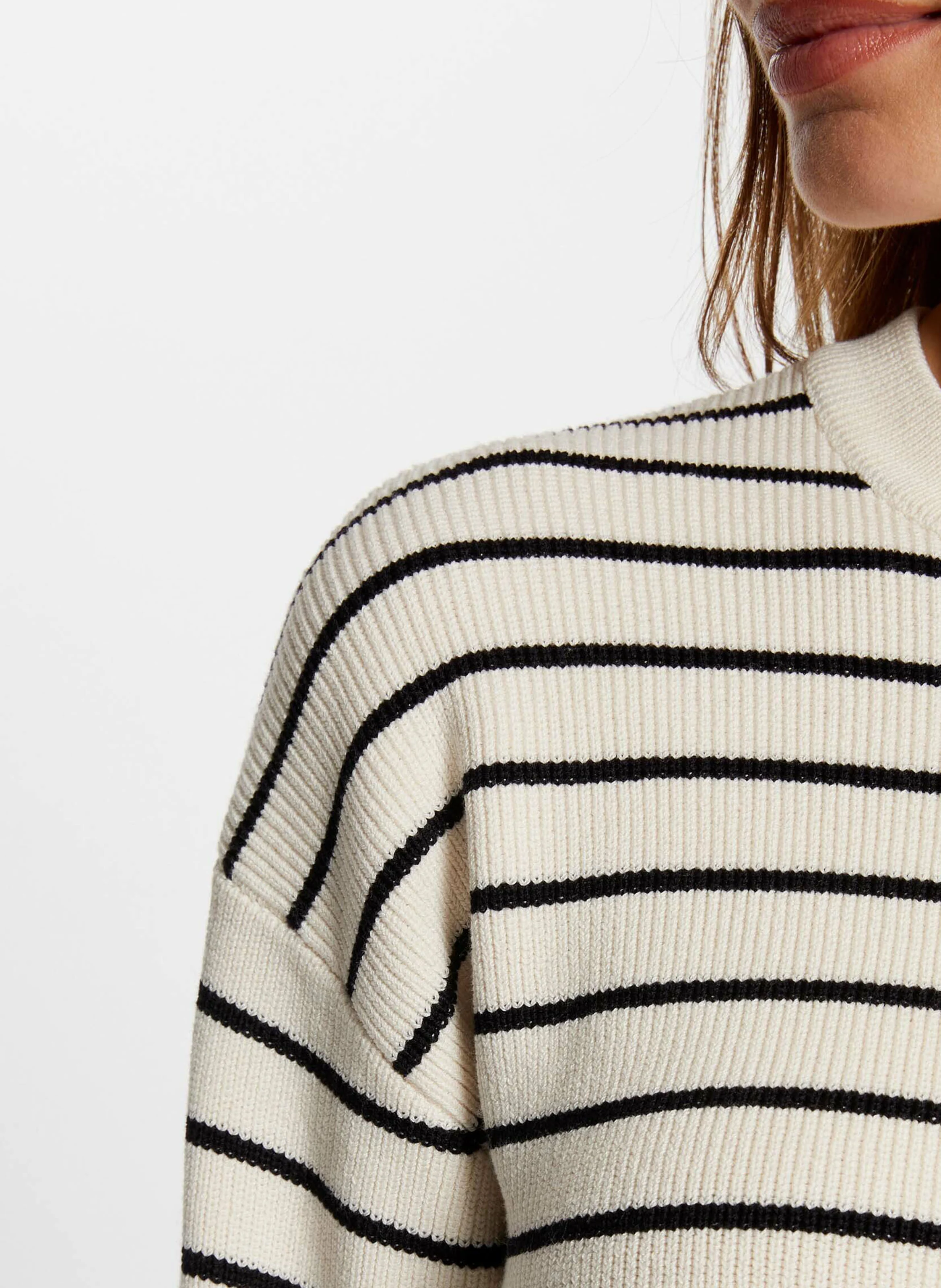 MARINO - Pull droit manches longues à rayures | Beige
