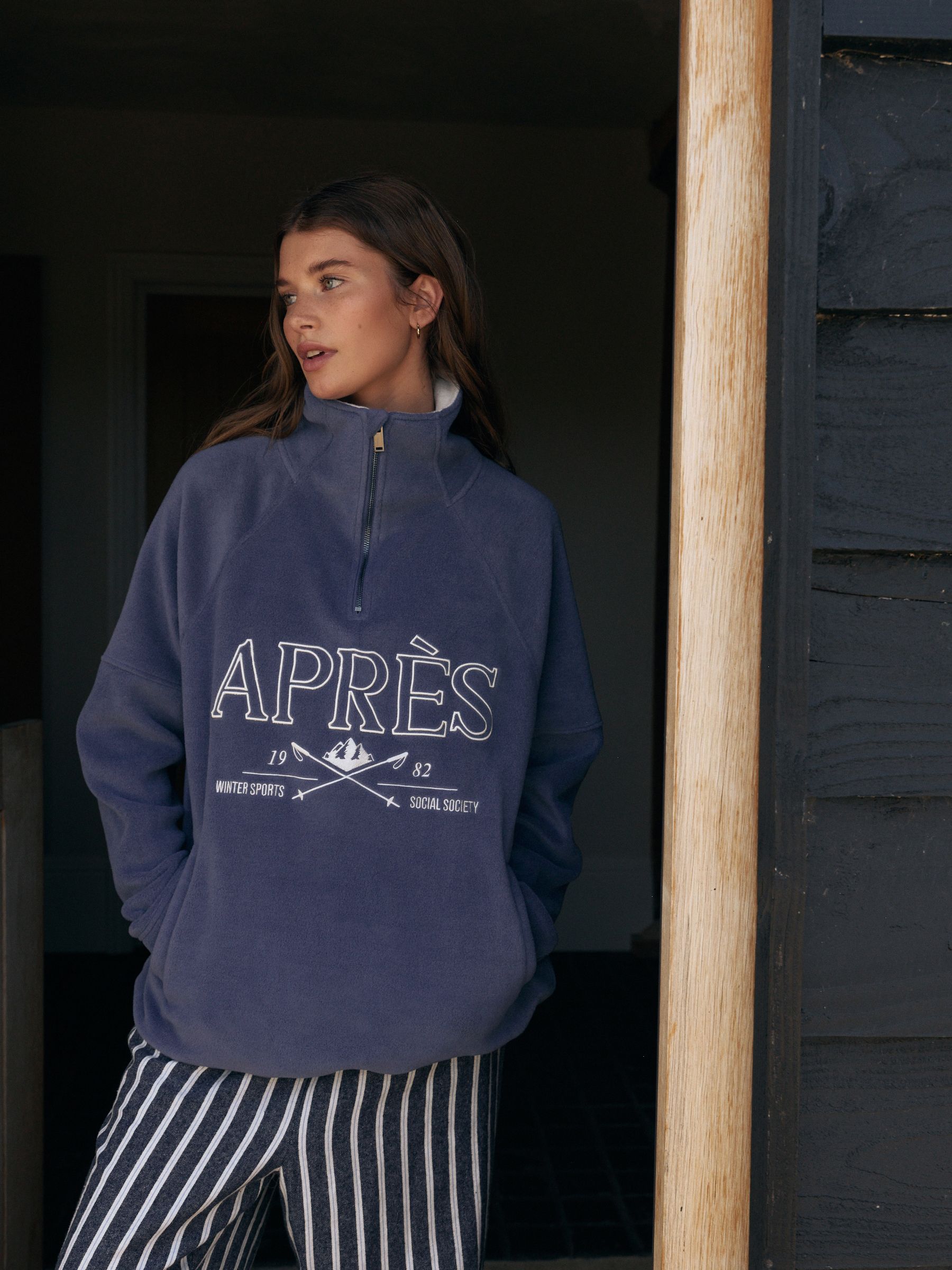 Blauwe Apres - Fleece trui met korte rits