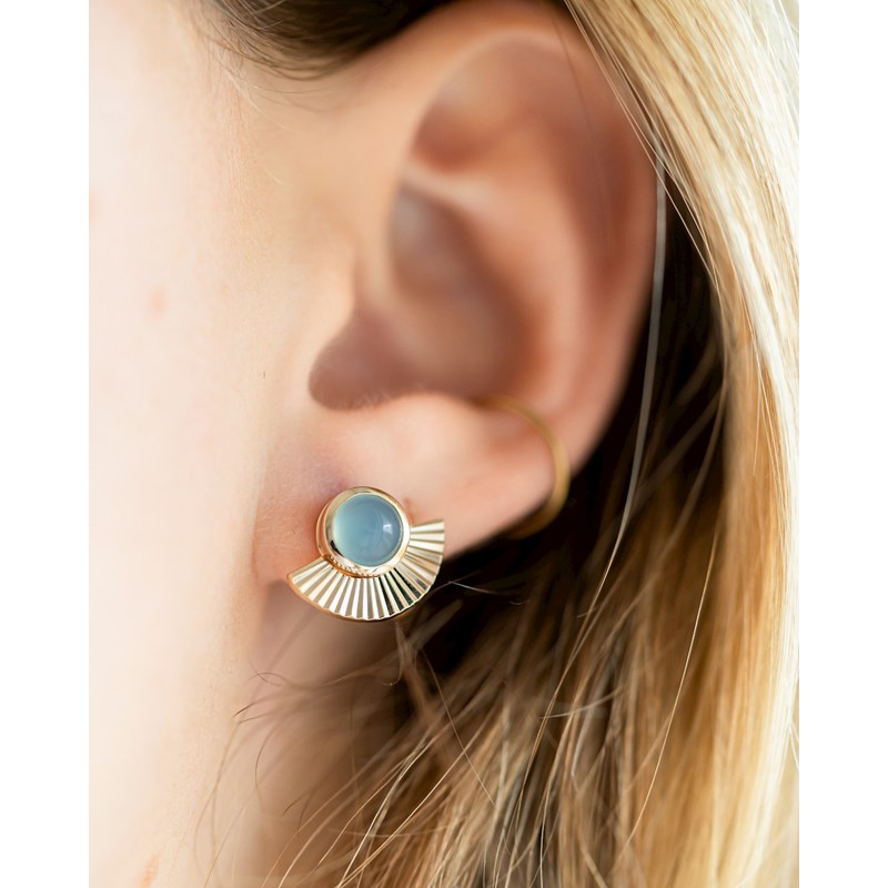 Boucles d'Oreilles Plaqué Or Pierre Precieuse Bleue Agate Cabochon