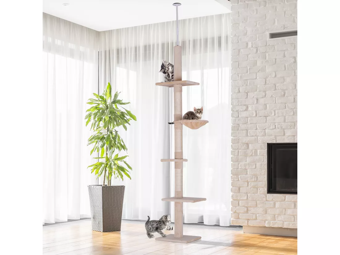 Arbre à chat poteau à griffer L40 x l 34 x H 230-260 cm 5 niveaux d'activités beige