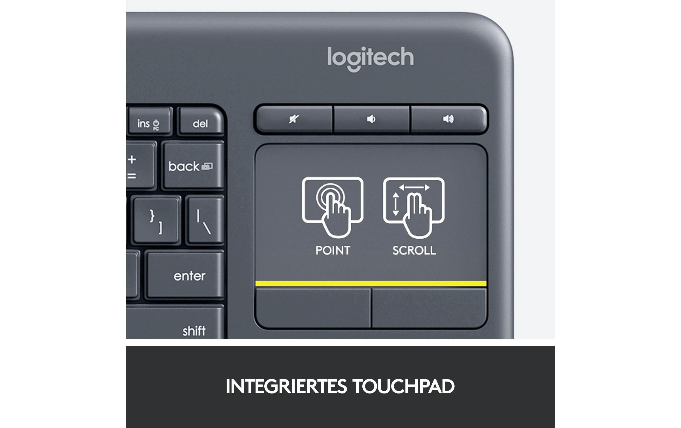 Tastatur K400 Plus CH-LayoutKabellose Tastatur mit Touchpad, CH-Layout, dunkelgrau