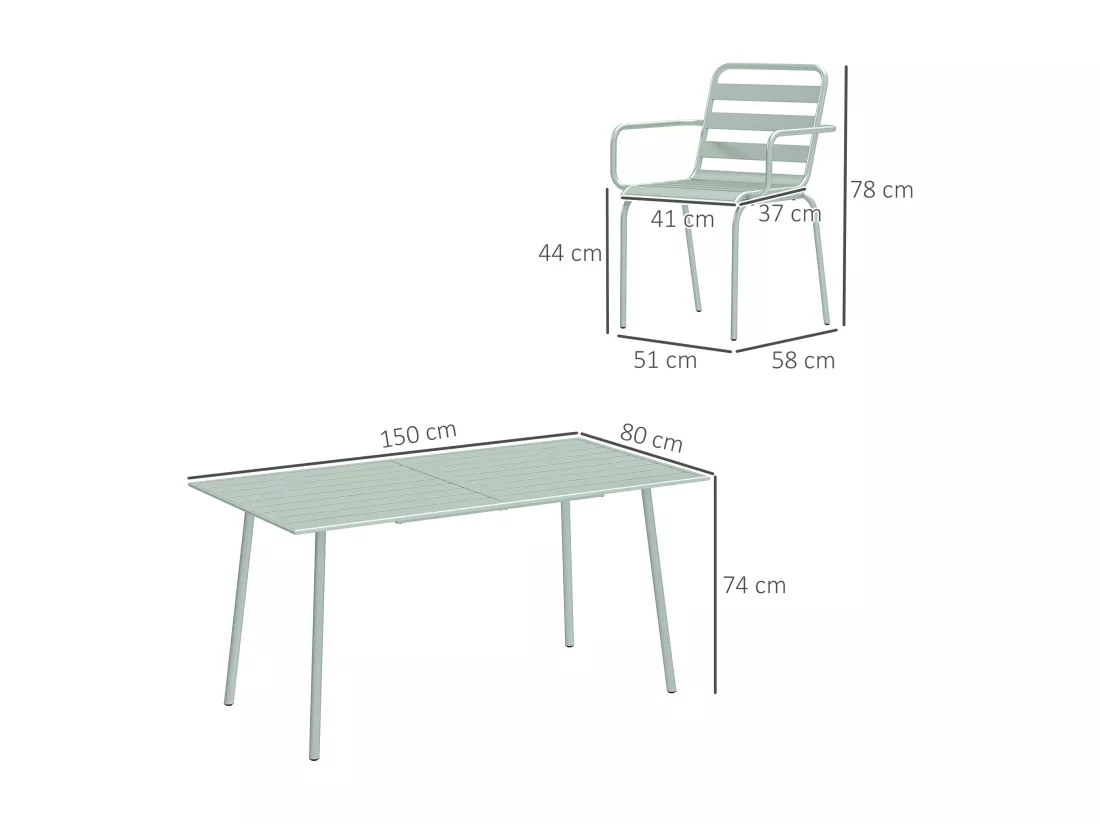 Salon de jardin 6 places 7 pièces - table à manger 6 chaises empilables - acier thermolaqué verre d'eau
