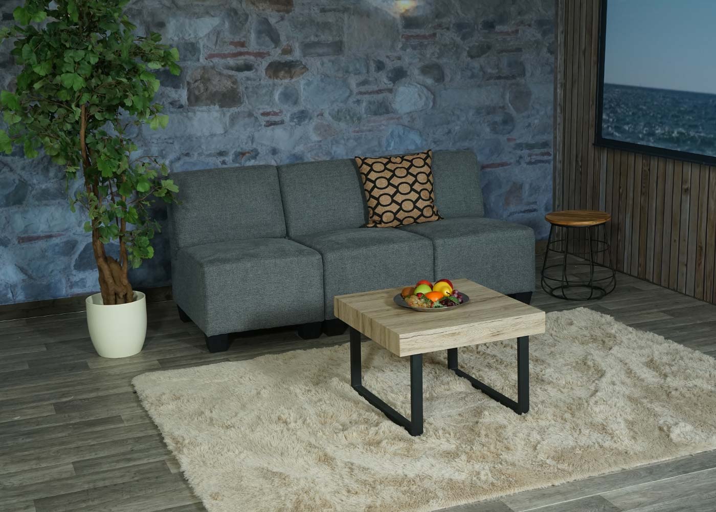 Modular 3-Sitzer Sofa Couch Moncalieri, Stoff/Textil ~ grau, ohne Armlehnen