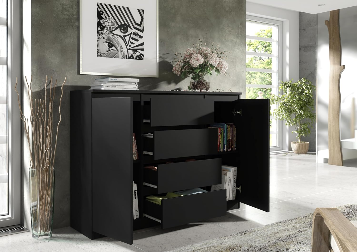 meble masztalerz Kommode Matt mit 4 Schubladen und 2 Türen 140 cm, Sideboard Wohnzimmer, Schlafzimmer H: 101,5 cm, B: 138,6 cm, T: 39 cm Kommode mit Schubladen, Schubladenschrank (Schwarz)