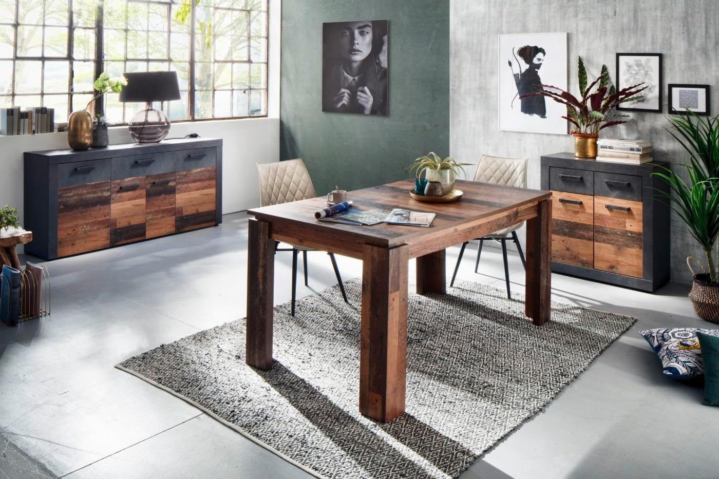 trendteam smart living - Indy - Kommode - Eiche/Grau - Sideboard mit 4 Türen, 1 Schublade und 5 Einlegeböden - (BxHxT) 178 x 76 x 40 cm - antikfarbene Griffe