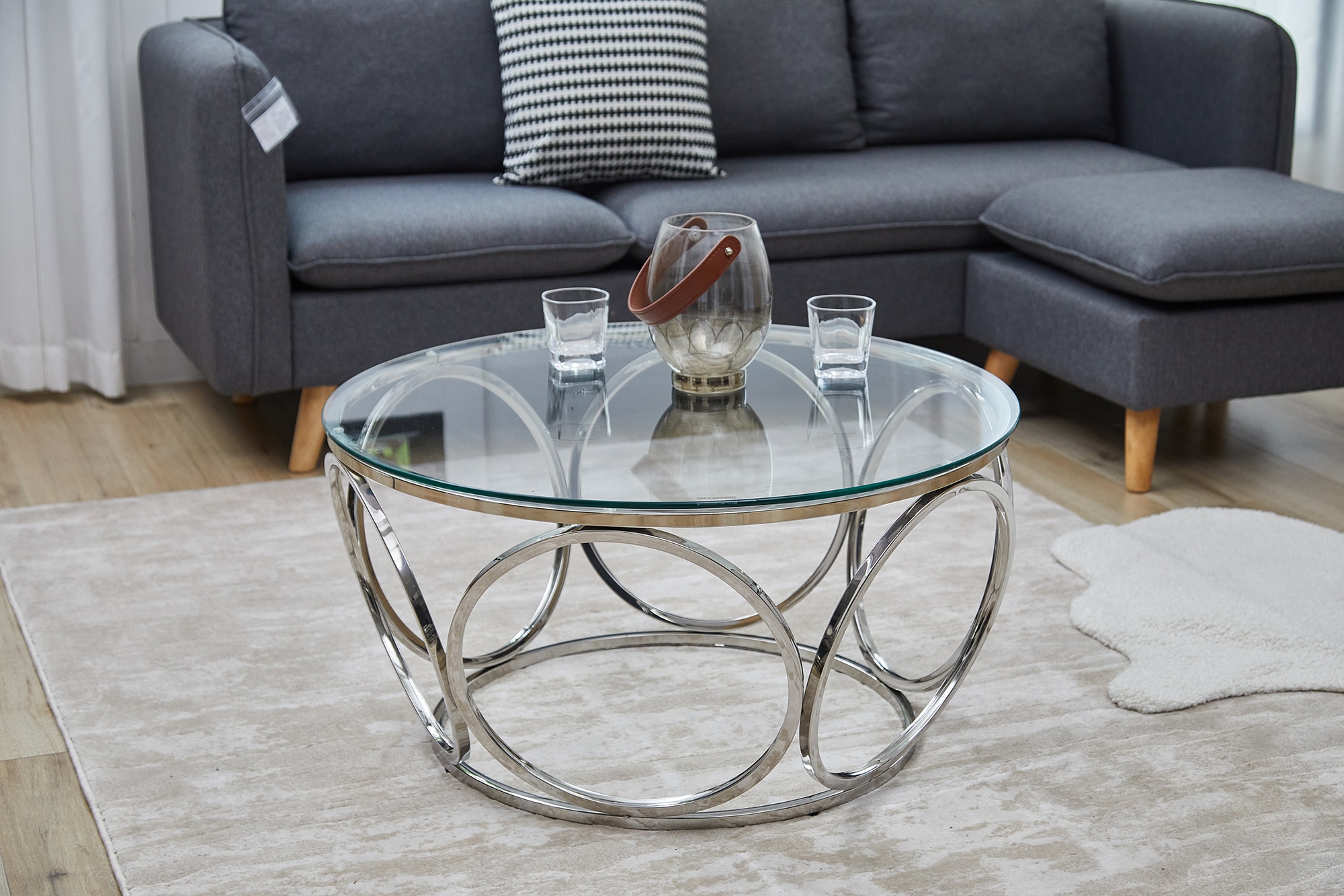 Couchtisch Ø 80 cm silber Glastisch Beistelltisch Sofatisch Wohnzimmertisch