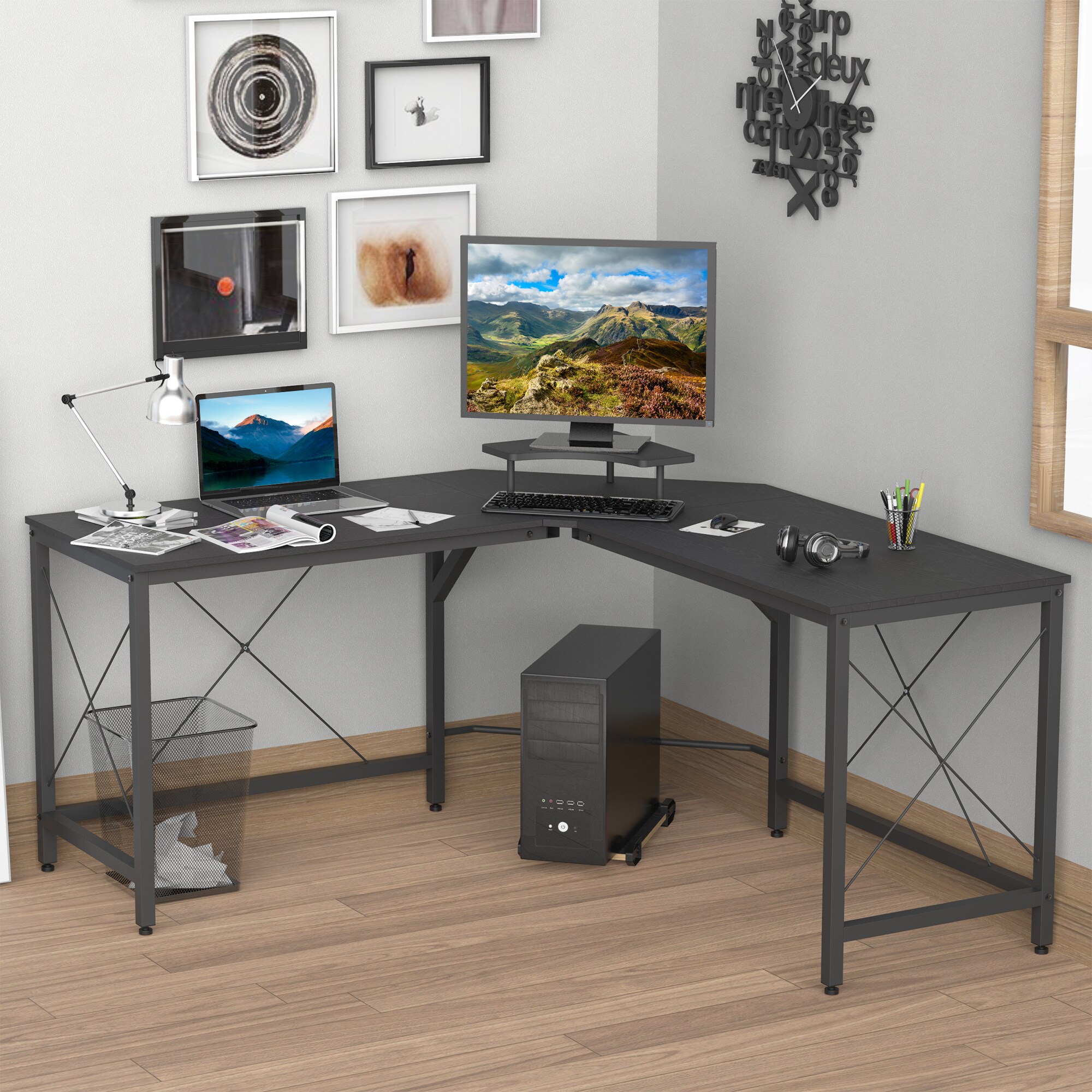 HOMCOM Eckschreibtisch mit Monitorablage schwarz 150L x 150B x 76H cm