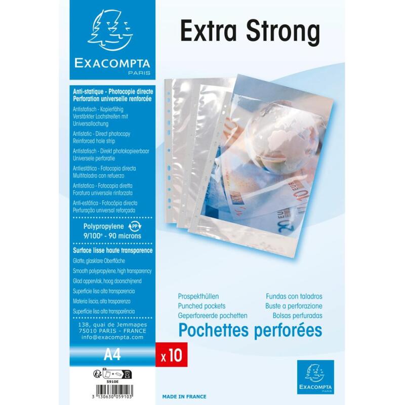 Sachet de 10 pochettes perforées polypropylène lisse haute qualité 9/100e - A4