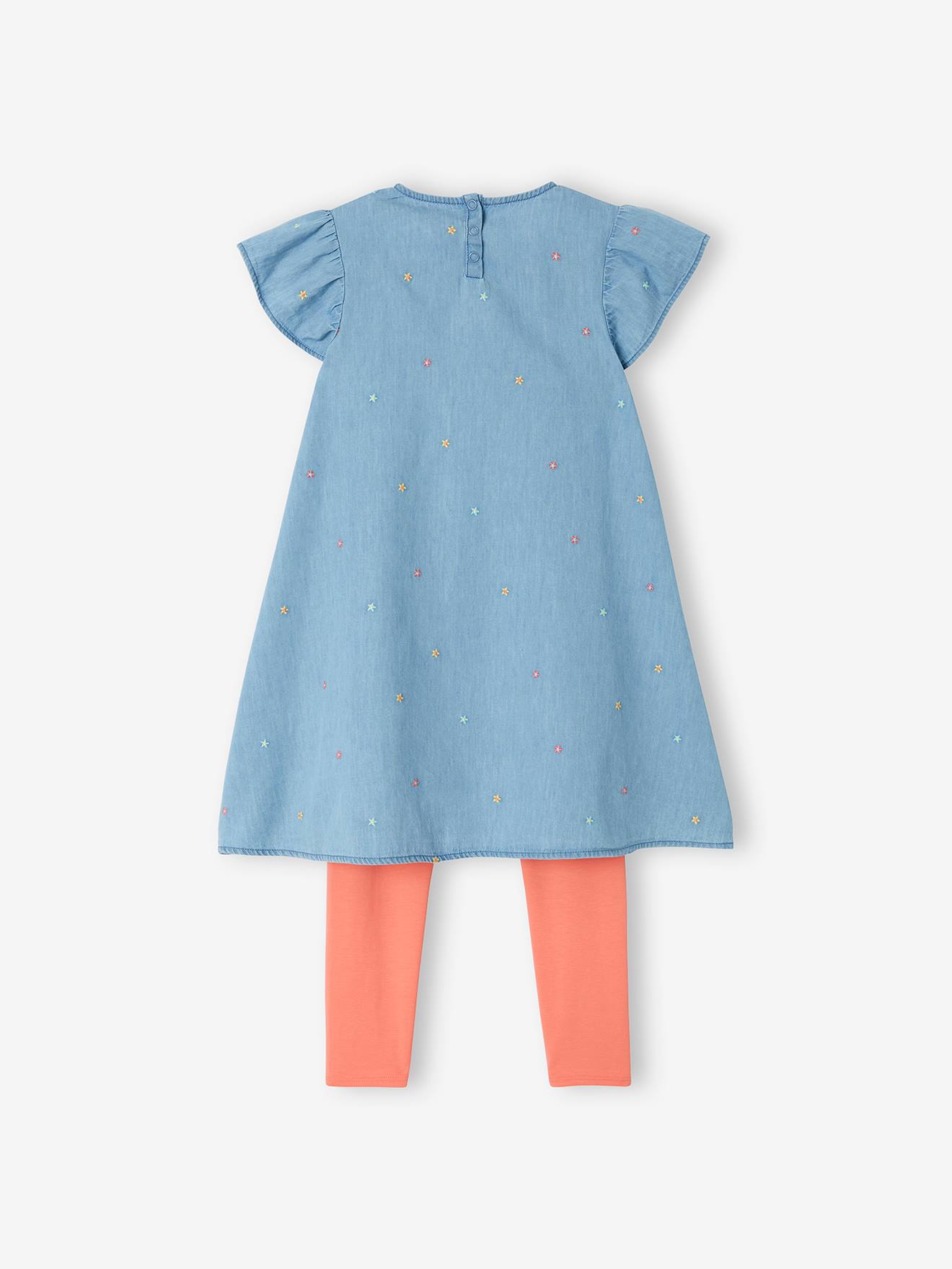 Conjunto de duas peças para meninas, composto por um vestido jeans bordado e leggings lisas azul-claras.