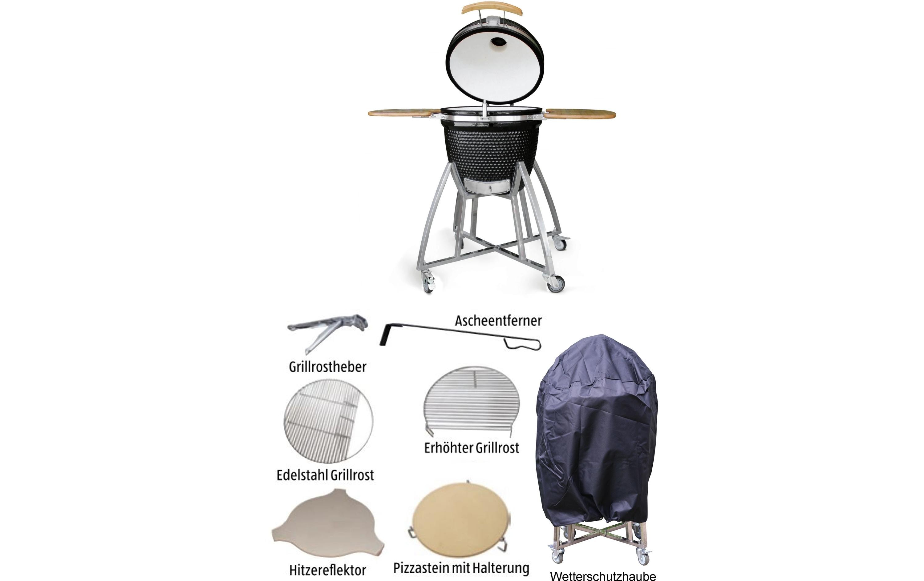 Kamado Set, 8-teilig, Schwarz<br>Kamado-Ofen