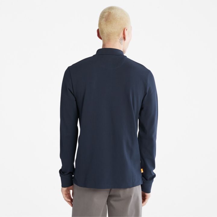 Camisa polo de manga comprida Millers River em piqué para homem, na cor azul marinho.