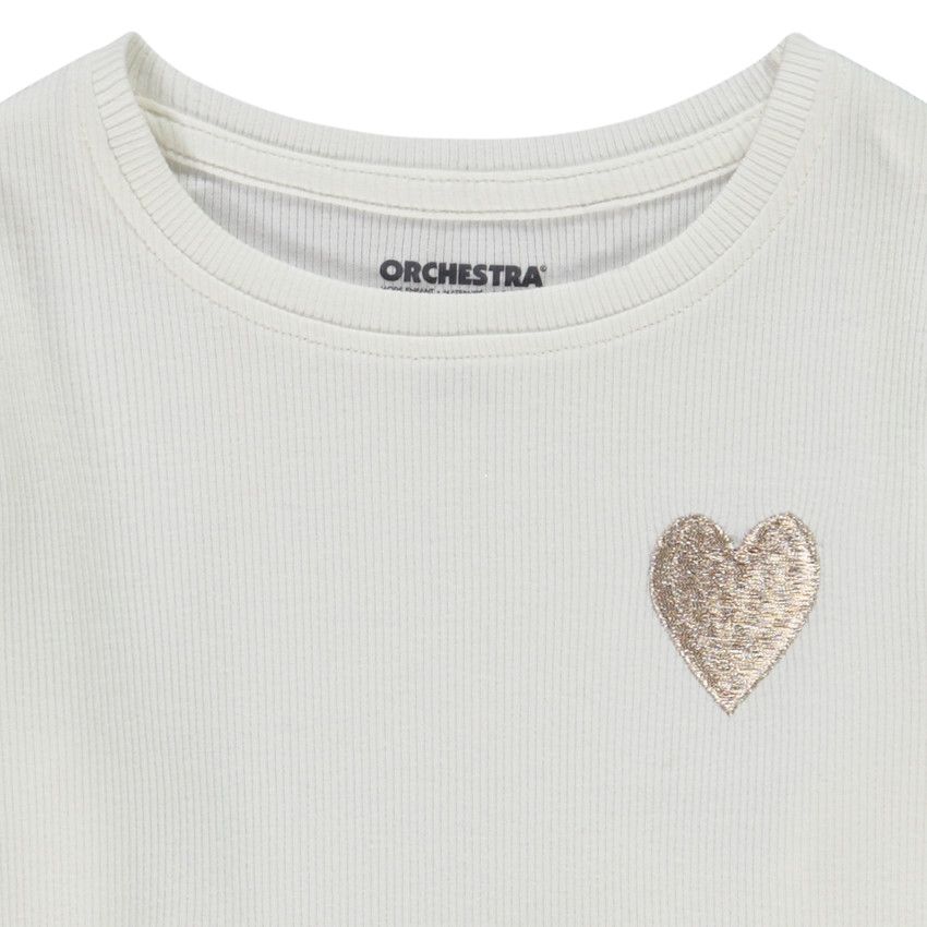 T-shirt manches longues en rib broderie coeur pour fille - Ecru