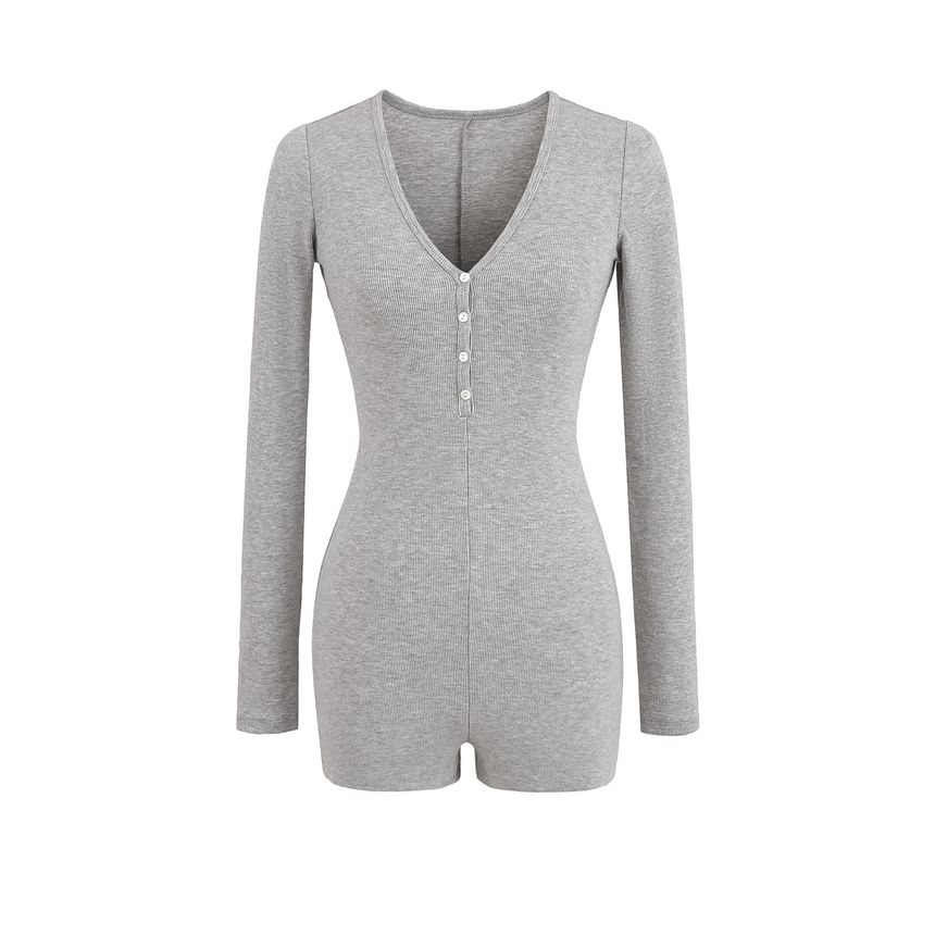 Asiris - Romper met lange mouwen, V-hals en effen, slim fit