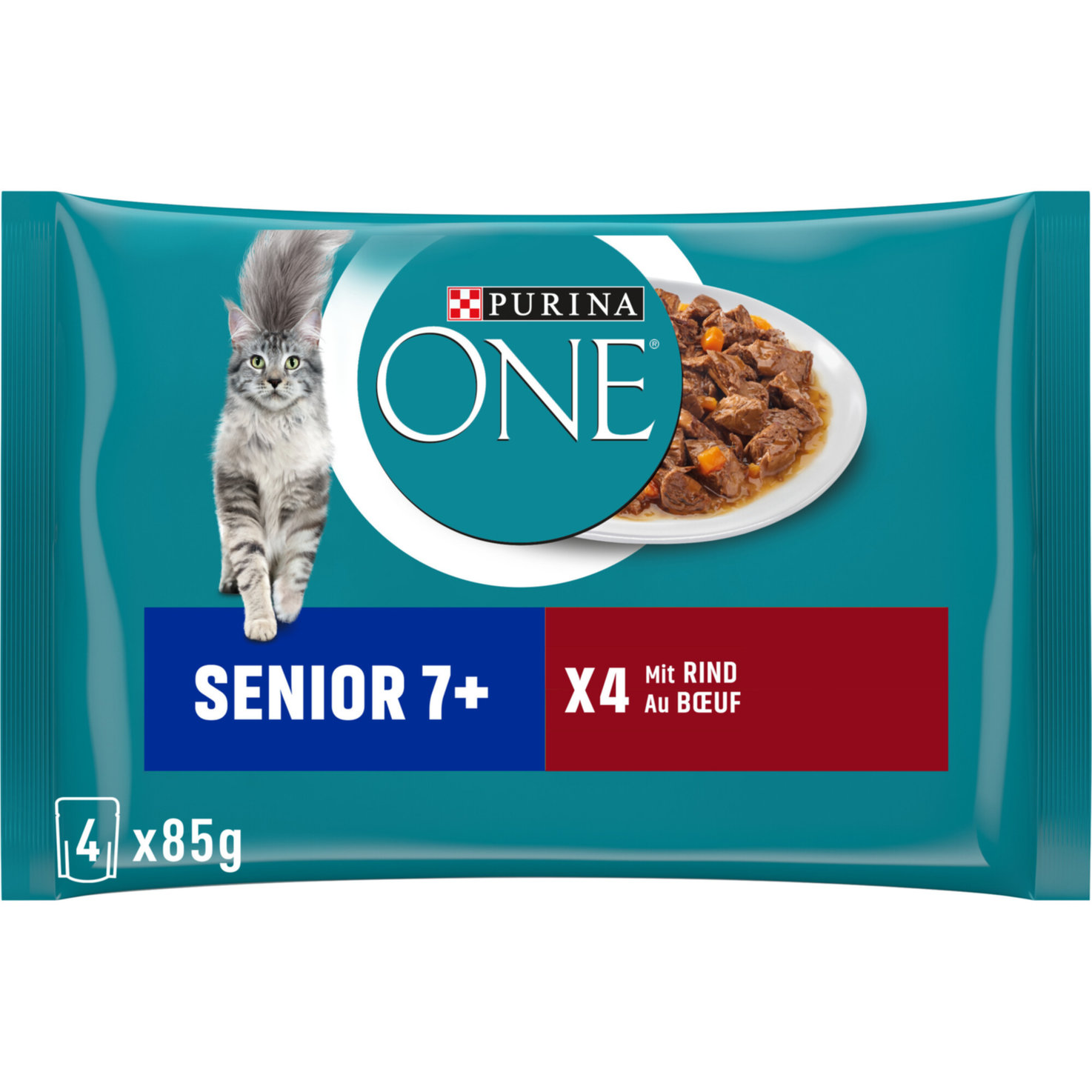 Purina ONE Senior 7+ zarte Stückchen in Sauce mit Rind und Karotten, Katzennassfutter, Beutel 4x85g