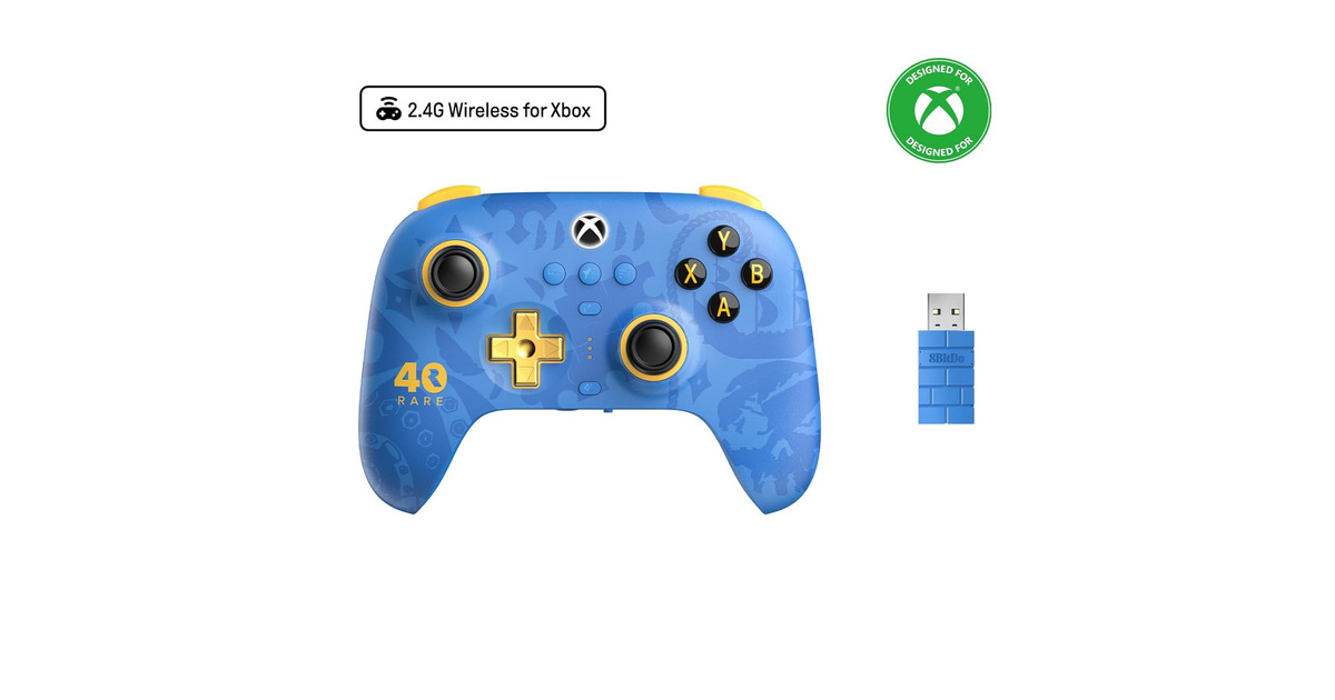 8BitDoUltimate 3-mode Controller for Xbox - Rare 40th Anniversary Edition  (Blauw/goud, Xbox Series X|S, Xbox One, Pc, Bluetooth / USB-C / 2.4 GHz)