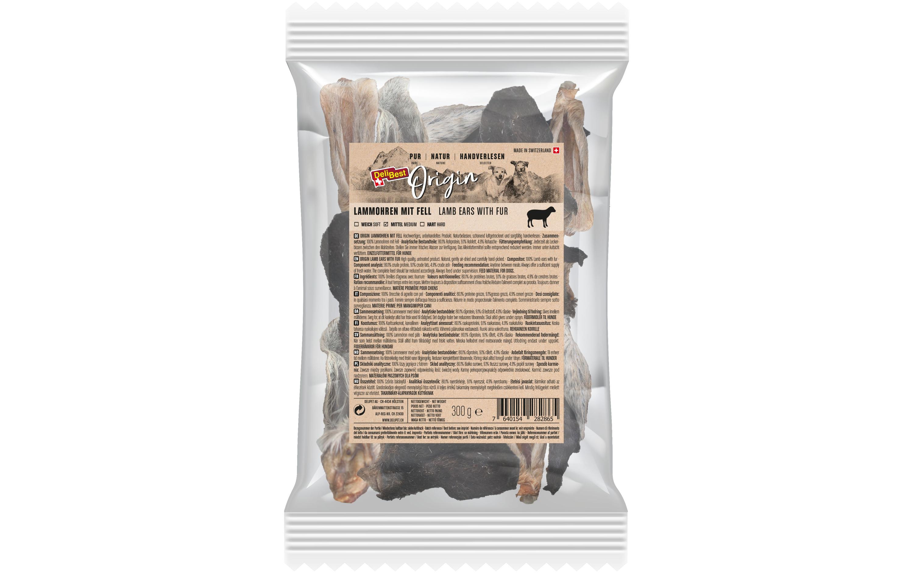 Kausnack Origin Lammohren mit Fell 300 g, Schweizer FleischLuftgetrockneter Kauartikel für Hunde