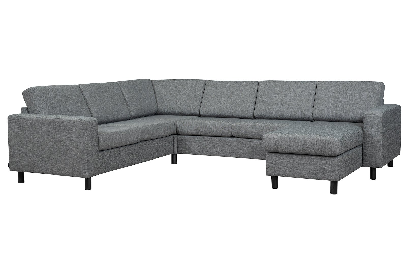 Square U-hjørnesofa Tekstil Reda 1/1 Grey, arm 4, ben 12 cm rund sort tre. Sjeselong. Vendbar
