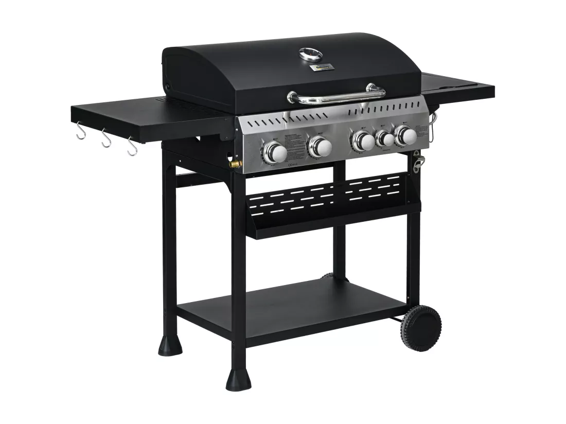 Barbecue à gaz 4+1 - 12,5 kW - 2 roues, étagères, thermomètre, décapsuleur, crochets - acier inox noir