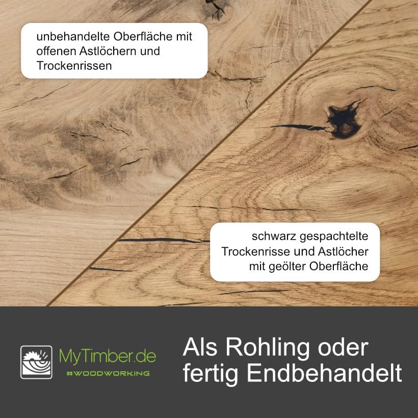 MyTimber® Waschtischplatte aus Eiche Massivholz | 4cm Starke Eichenbohlen | Ideal für Aufsatzwaschbecken | Baumkante oder gerade Kante (Gerade Kante - Gespachtelt & geölt, 60x50cm)