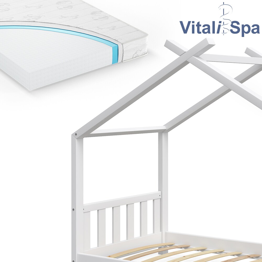 VITALISPA Kinderbett Hausbett DESIGN 80x160cm Weiß Zaun Kinder Holz Haus Hausbett mit Matratze