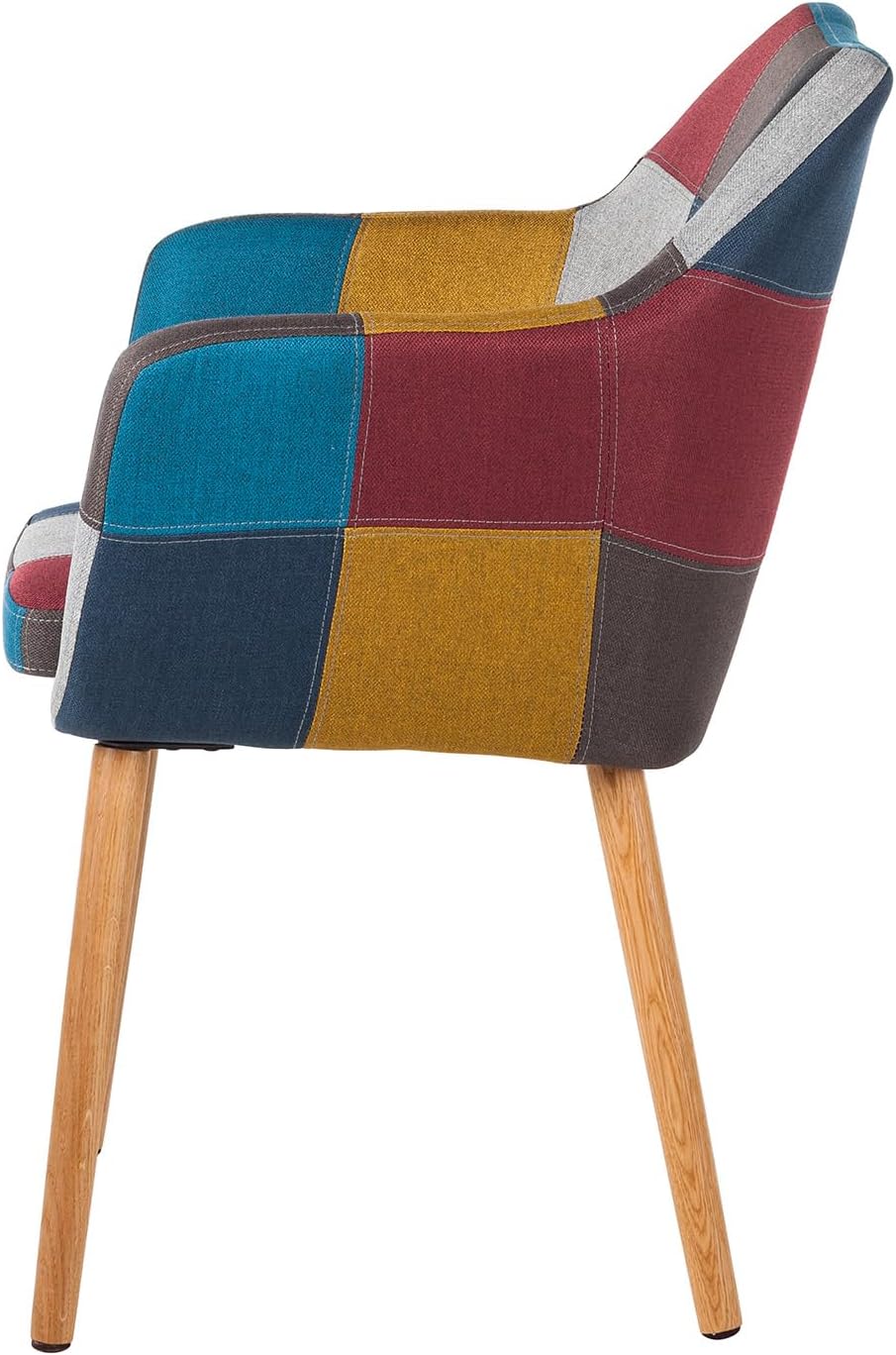 home24 Armlehnenstuhl aus Webstoff & massiver Eiche in Multicolor, Geöltes Echtholzgestell mit strapazierfähigem Patchwork-Bezug, Stabiles Sitzmöbel für den Essbereich