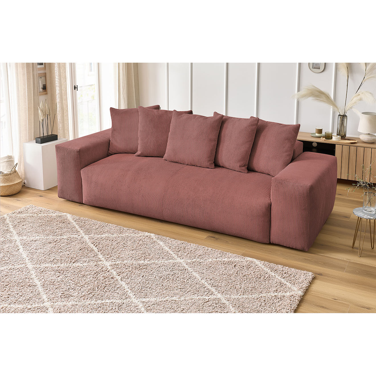 Bobochic Canapé droit fixe 3 places ultra moelleux voltaire velours côtelé rose - 280x124x75 cm