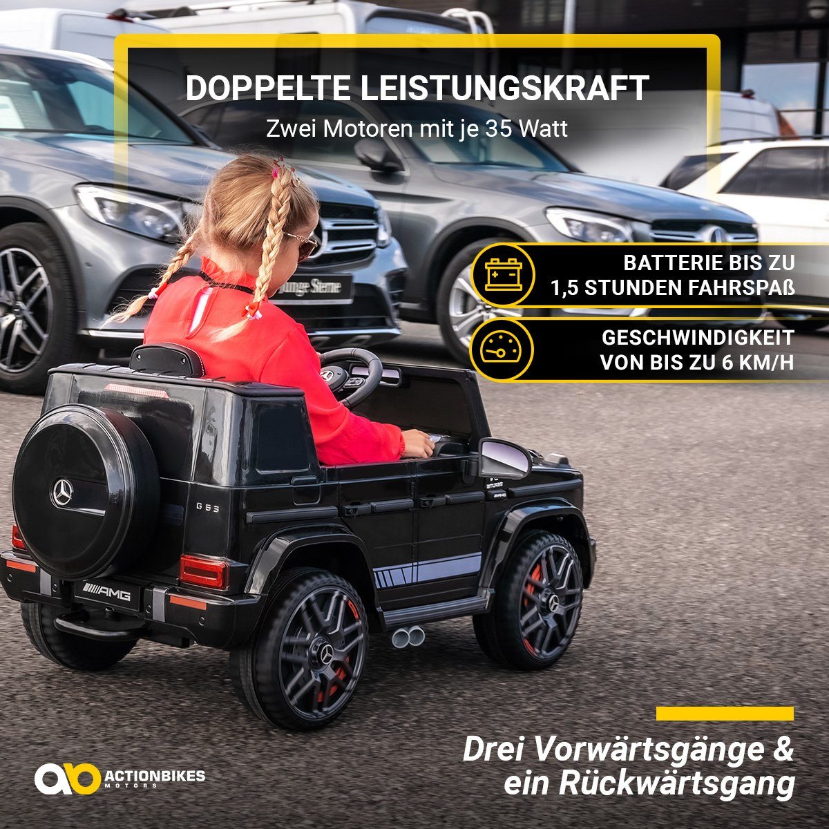 Actionbikes Motors Elektro-Kinderauto Mercedes Benz AMG G63 - Kinder Elektro Auto ab 3 Jahre, Belastbarkeit 35 kg, (2-tlg), Soft-Start - Sto&szlig;d&auml;mpfer