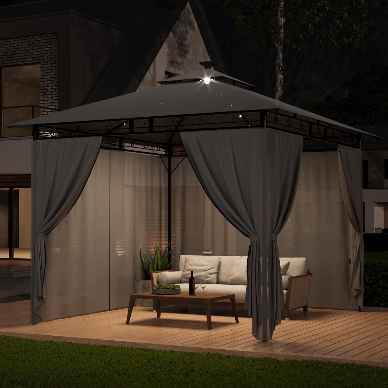 Pavillon 3x3 Wasserdicht Stabil Winterfest, Garten Pavillion mit seitenwänden, UV-Schutz 50+, Plane Gartenlaube, Metallrahmen Pavillon, Patio Gazebo, Grau
