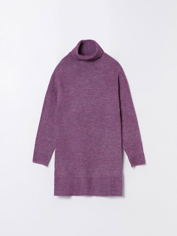Vestido de malha com gola alta - Cor berinjela