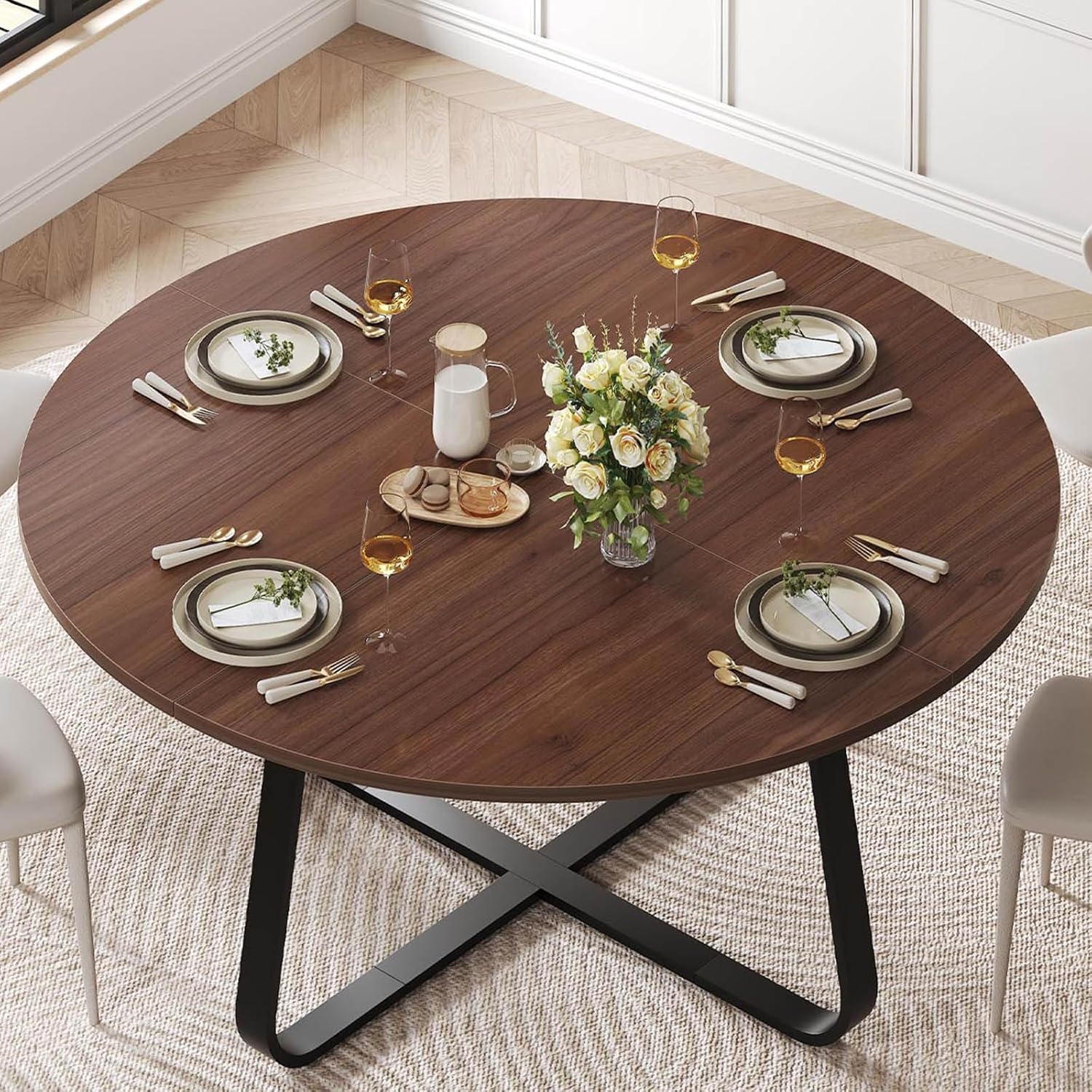 LVB Runder Esstisch, Moderne Küchentische aus Holz, Metall, industrieller Kleiner Esszimmertisch für 4 bis 6 Personen, Kreis, Kaffee-Esszimmertische für Zuhause, Küche, Wohnzimmer, Walnuss, 130 cm YB7735615