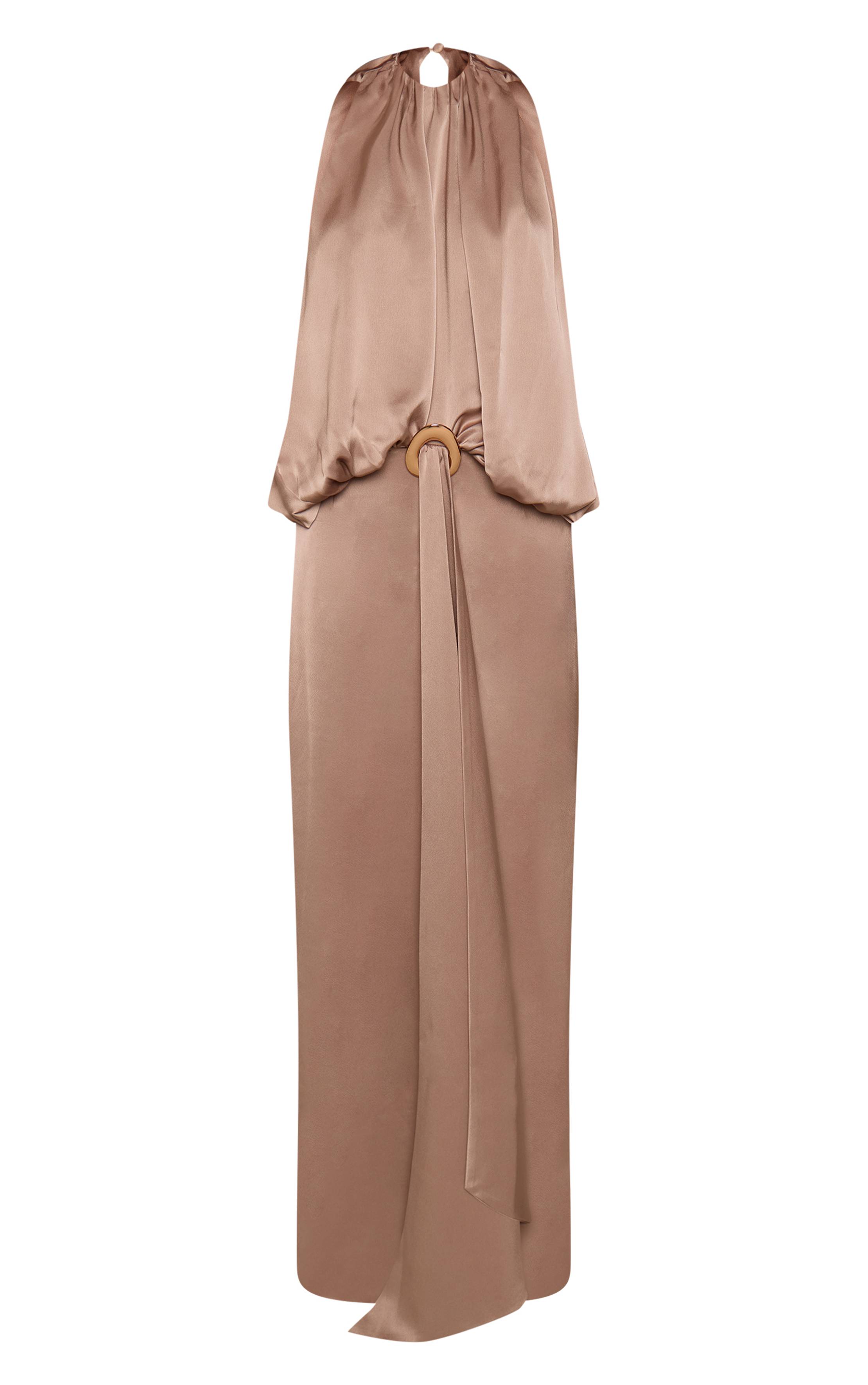 Taupe Robe Longue En Satin Avec Détail Froncé Au Corsage Et Bordure