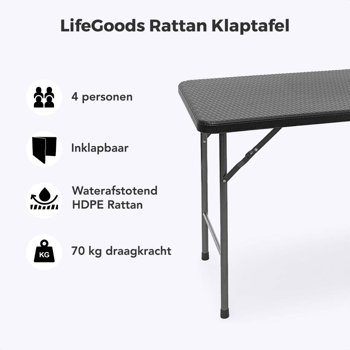 LifeGoods 120x60 cm Inklapbare vouwbare tafel  - Black